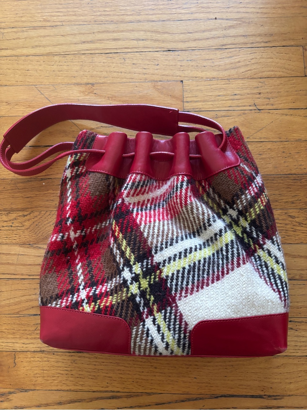 Vintage Burberry Tartan Wool & Red Leather Tote Bag